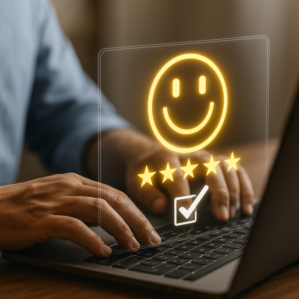 Mockup of Huemain’s patient experience and online reputation management dashboard showing automated review requests and patient feedback workflow