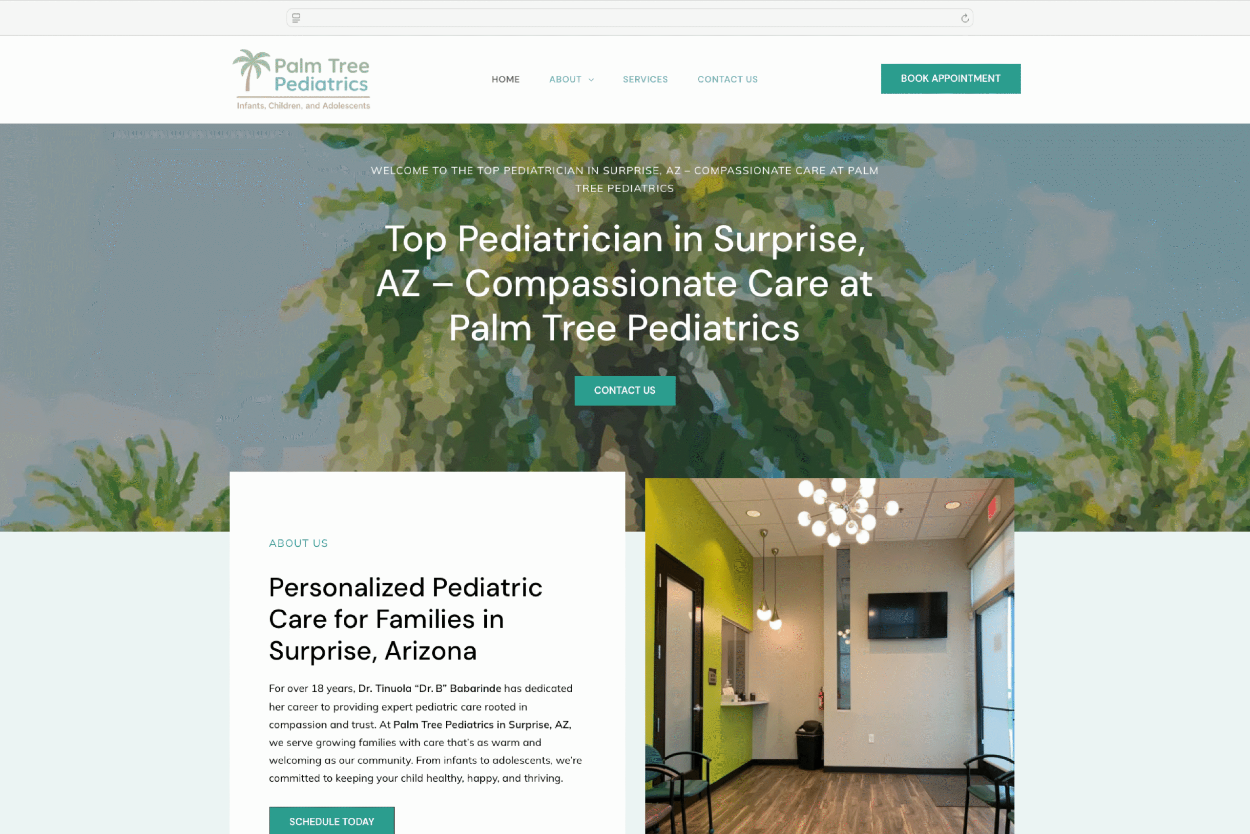 Responsive website design mockup tailored for a pediatric clinic, showcasing user-friendly navigation and appointment booking, by Huemain Marketing