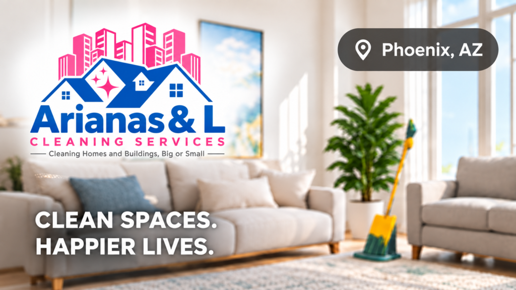 Arianas & L Cleaning Services Phoenix Campaign Graphic Arianas & L Cleaning Services graphic with company logo, Phoenix location, and bright residential cleaning scene