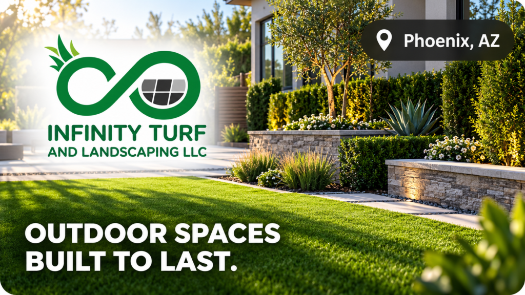Infinity Turf and Landscaping Phoenix Campaign Graphic Infinity Turf and Landscaping graphic with company logo, Phoenix location, and professionally landscaped yard