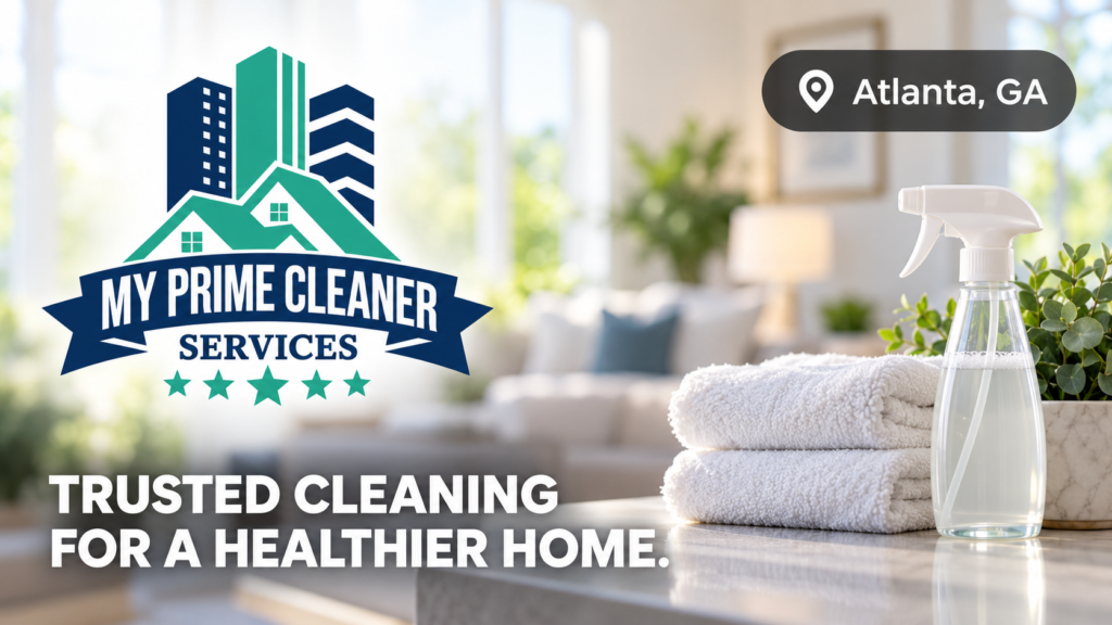 My Prime Cleaner Atlanta Campaign Graphic My Prime Cleaner graphic with company logo, Atlanta location, cleaning supplies, and bright home interior