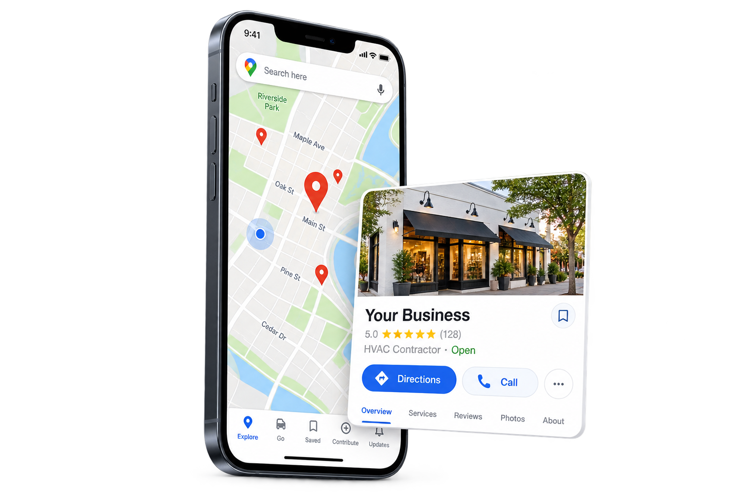 Smartphone displaying a local map alongside a sample business profile with reviews, directions, and a call button.