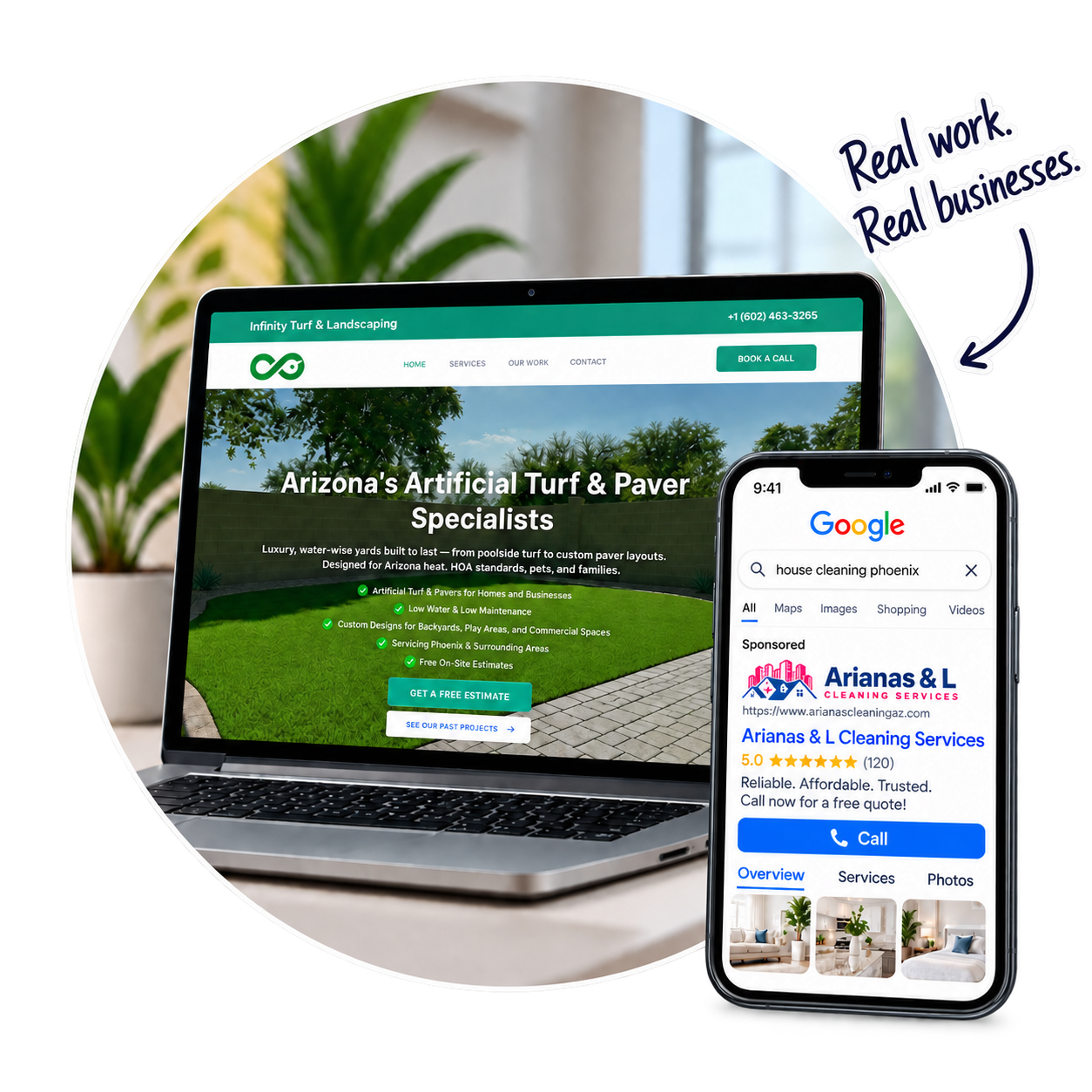 Laptop displaying Infinity Turf & Landscaping’s website alongside a smartphone showing an Arianas & L Cleaning Services Google Ads mockup