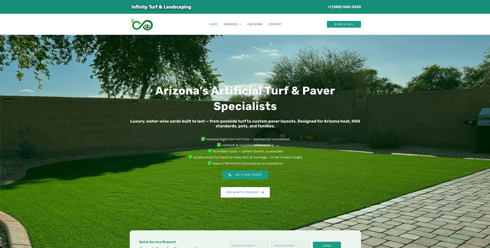Screenshot of Infinity Turf & Landscaping's homepage featuring artificial turf, paver installation services, and a quote request button.