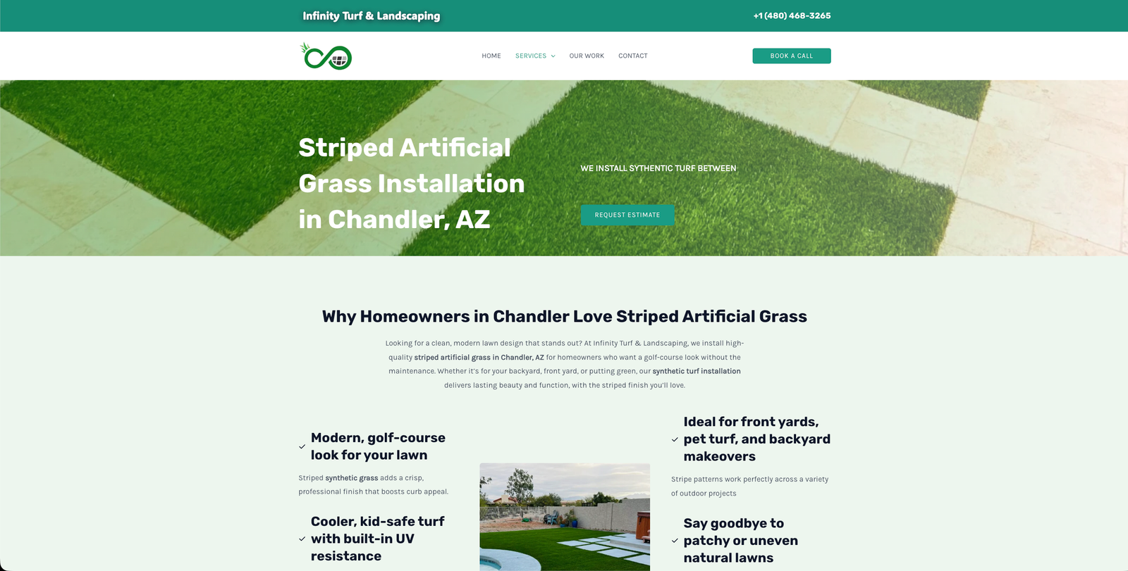 Screenshot of Infinity Turf & Landscaping's website services page showcasing artificial turf, landscaping, and paver installation.