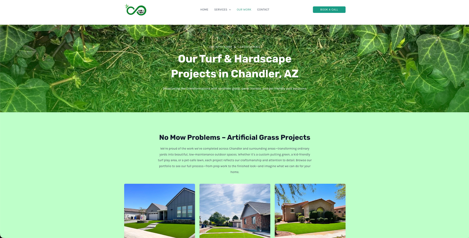 Screenshot of Infinity Turf & Landscaping's project gallery displaying completed artificial turf and landscaping projects.