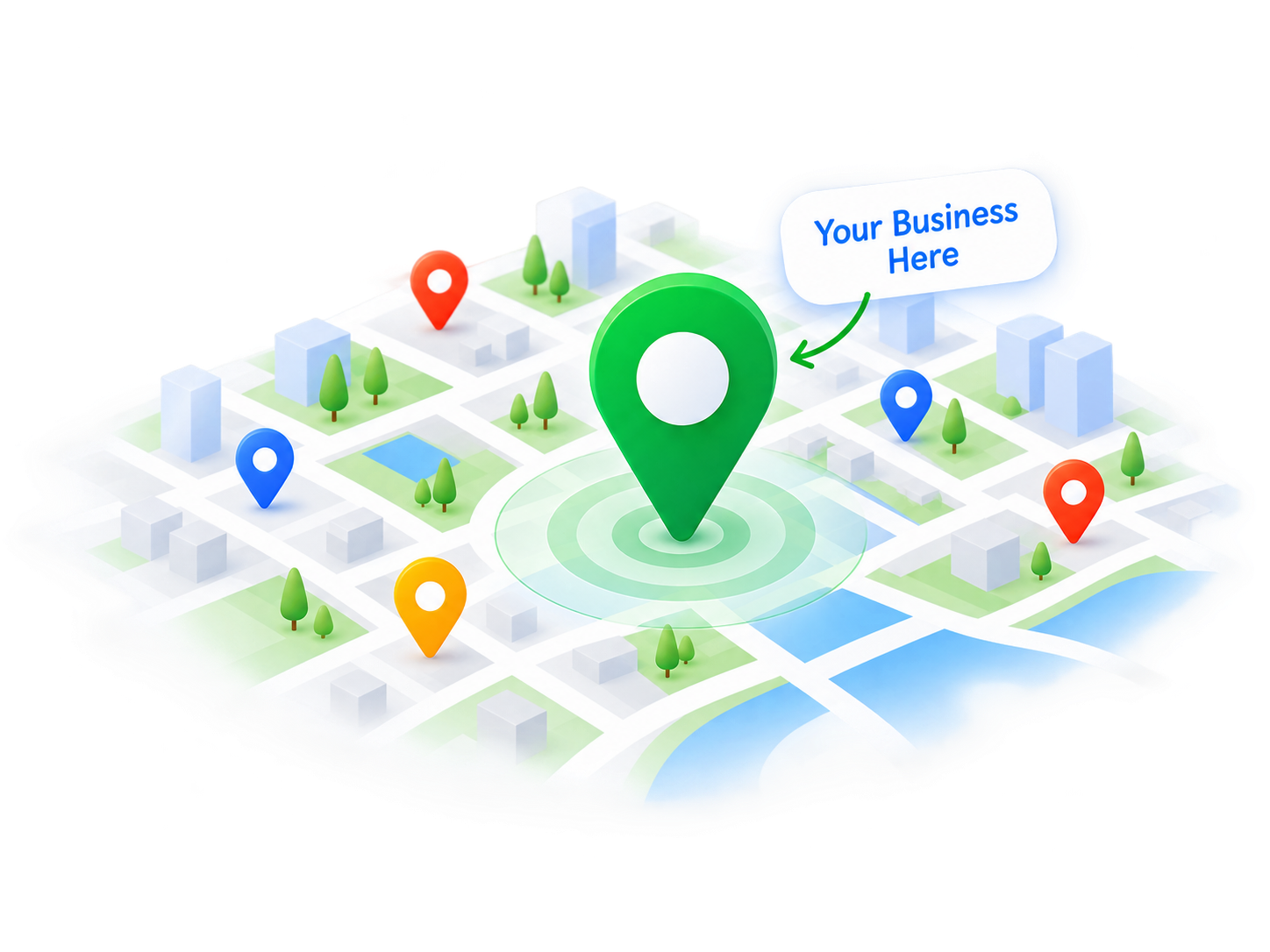 Map graphic showing a business highlighted in local search with colorful location markers
