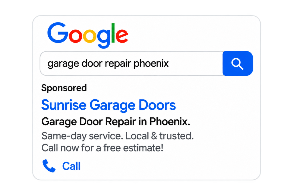 Phoenix Google Ads Garage Door Search Card Google sponsored search ad example for garage door repair in Phoenix with call option