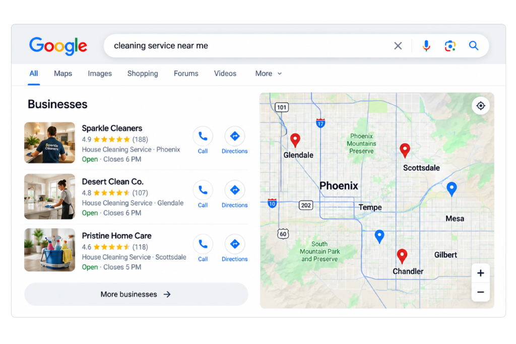 Google local search results for a cleaning service with a Phoenix-area map and business listings