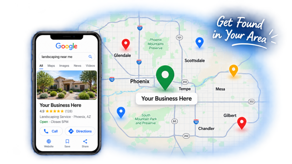 Local SEO Map Showcase Phone and map graphic showing local business visibility in Phoenix